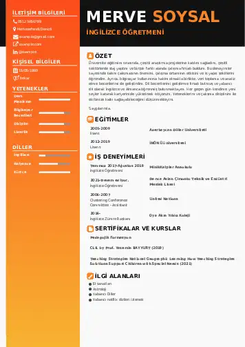 Yabancı Dil Öğretmeni Cv Örnekleri cv indir